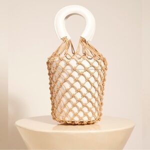Staud Moreau Leather and Macrame Bucket Bag White
